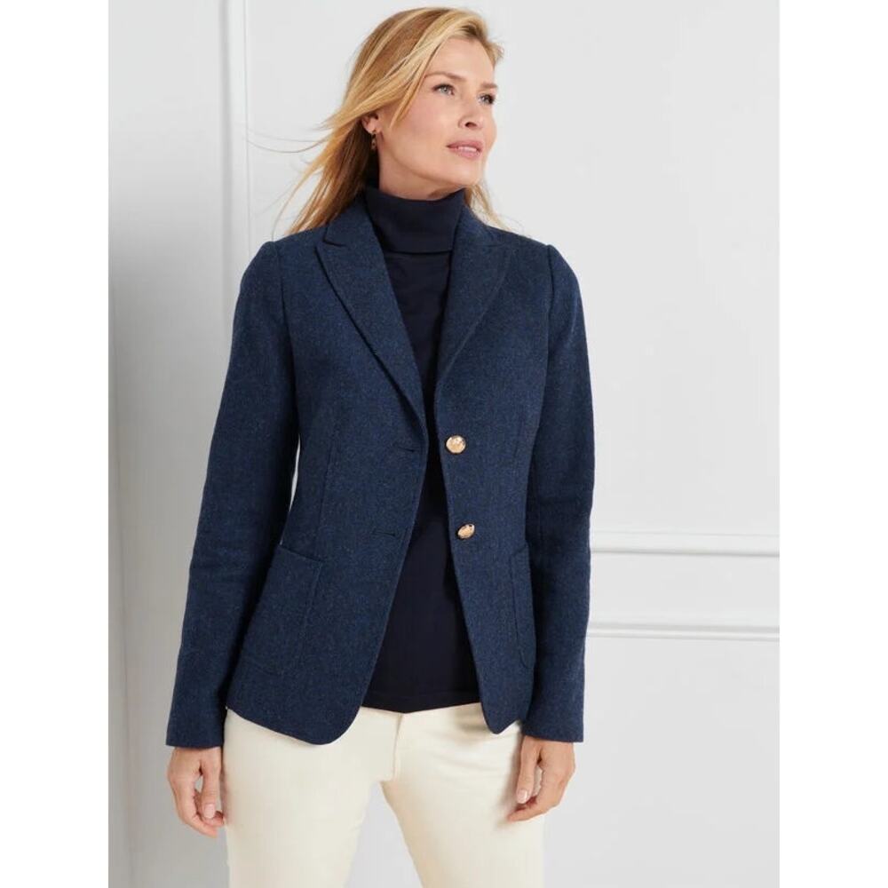 Talbots Classic Shetland Blazer - Herringbone wool blend navy blue sz 2 petite